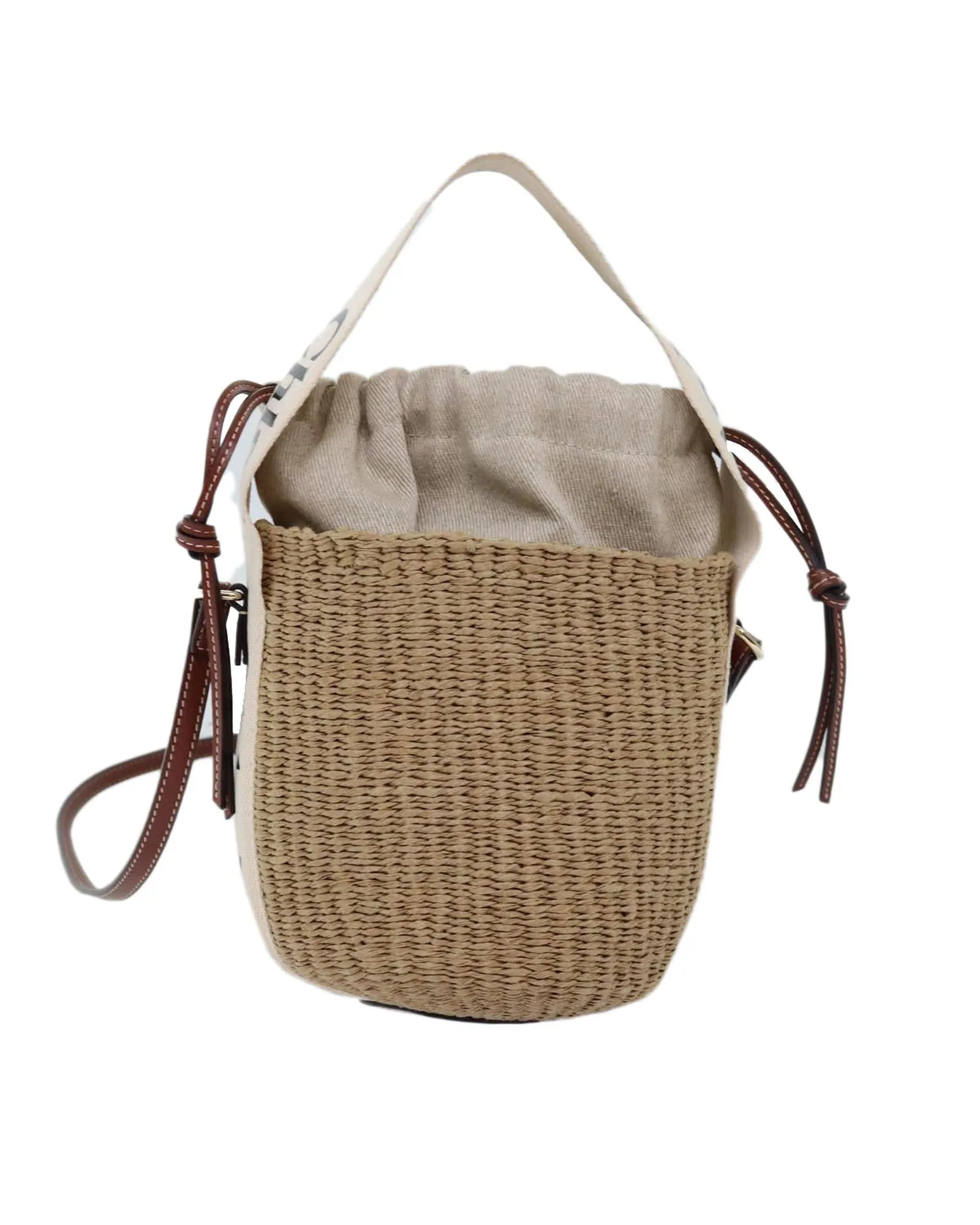 Beige Raffia Woody Small Basket Shoulder Bag