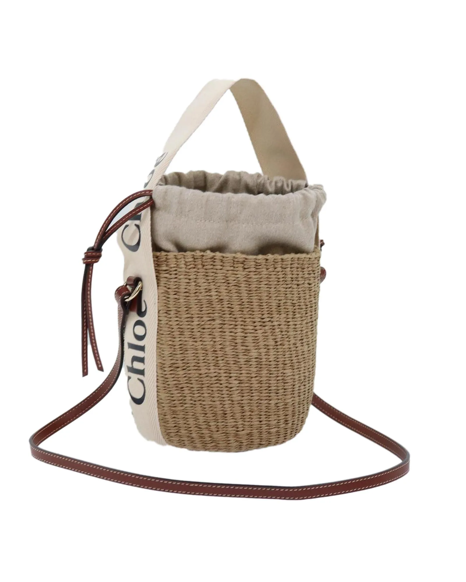 Beige Raffia Woody Small Basket Shoulder Bag