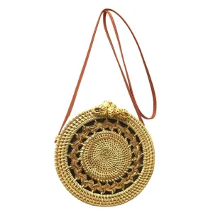 Big Mandala Pattern Flap Round Straw Rattan Bag