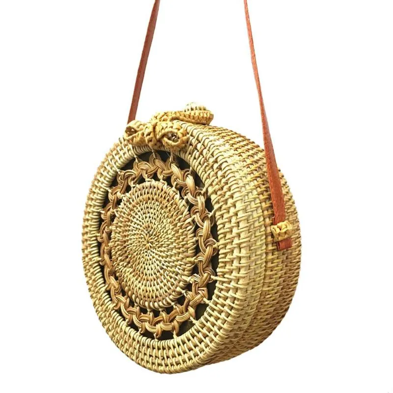 Big Mandala Pattern Flap Round Straw Rattan Bag