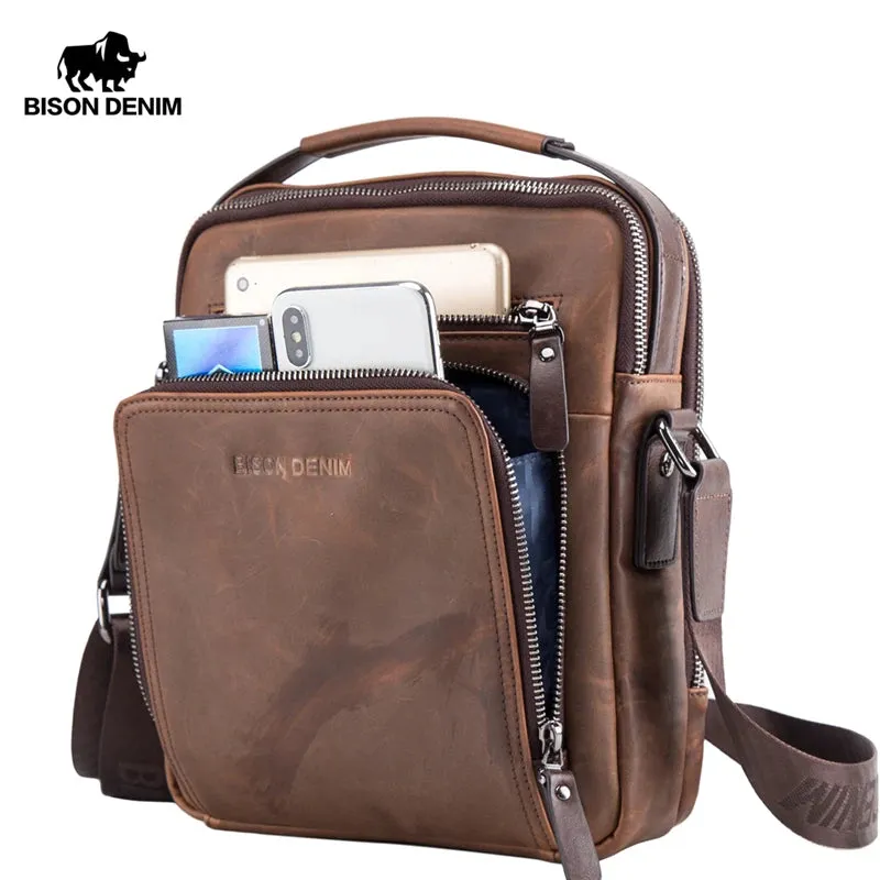 BISON DENIM Genuine Leather Men's Bag Business  Shoulder Crossbody Bag Christmas Gift Designer Handbags High Quality N2333-1