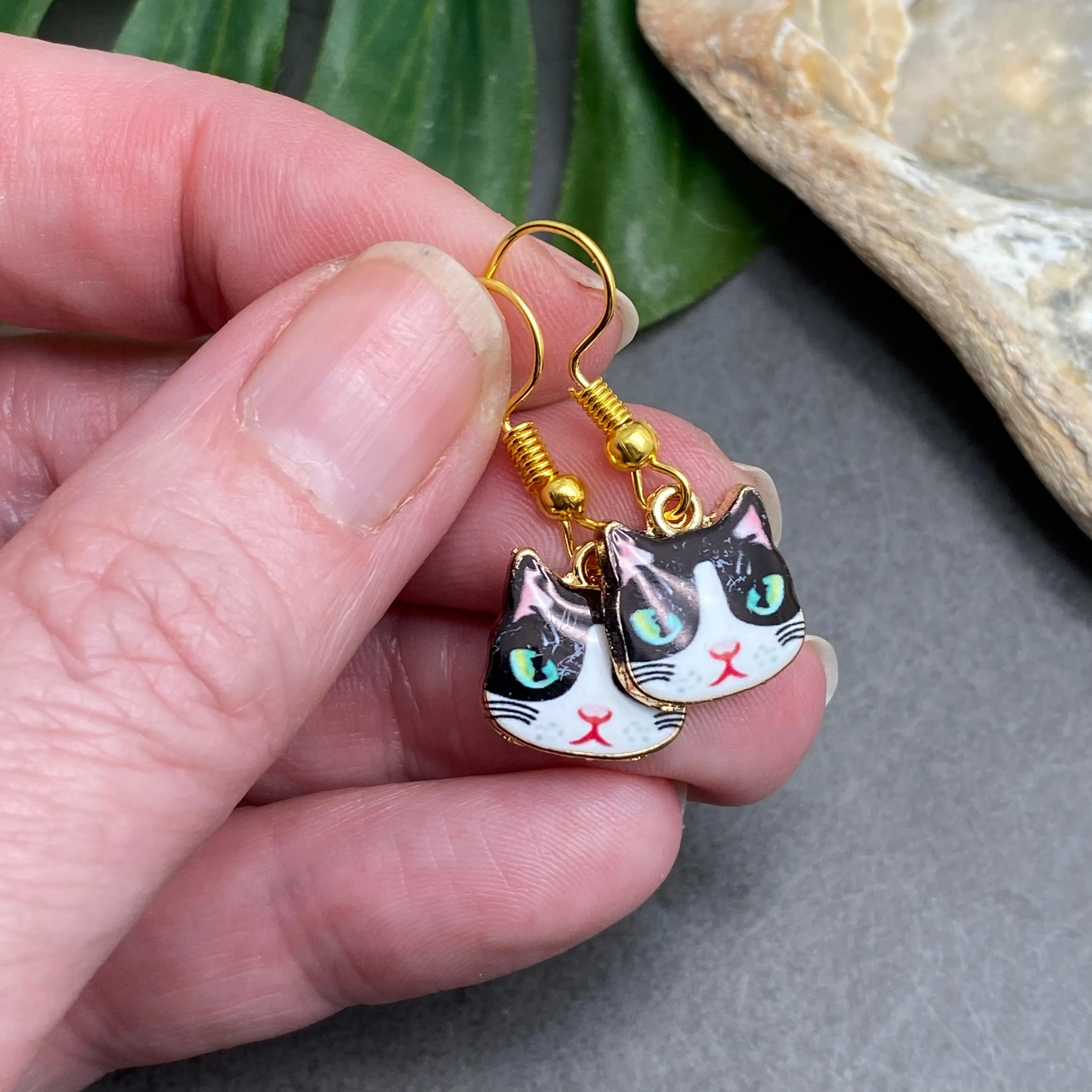 Black Kitty Cat Enamel Charm Earrings