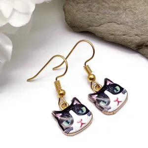 Black Kitty Cat Enamel Charm Earrings