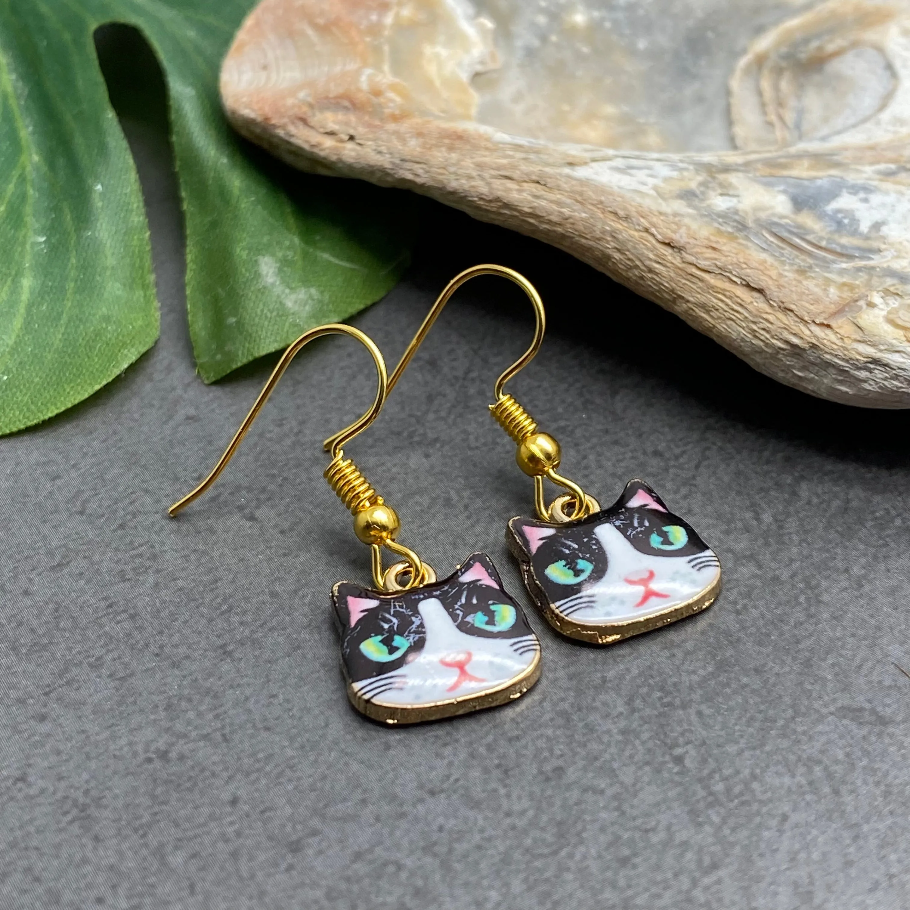 Black Kitty Cat Enamel Charm Earrings