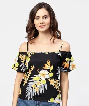 Black Printed Shoulder Straps Cold Shoulder Half Sleeve Top