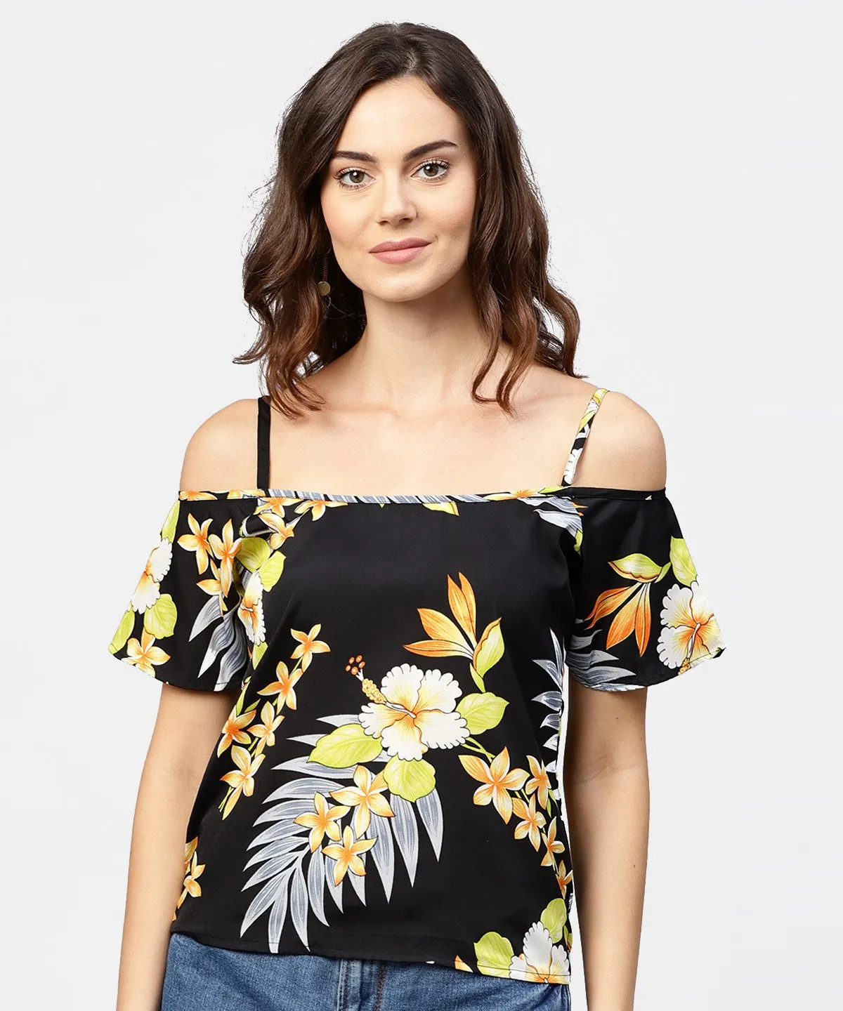 Black Printed Shoulder Straps Cold Shoulder Half Sleeve Top