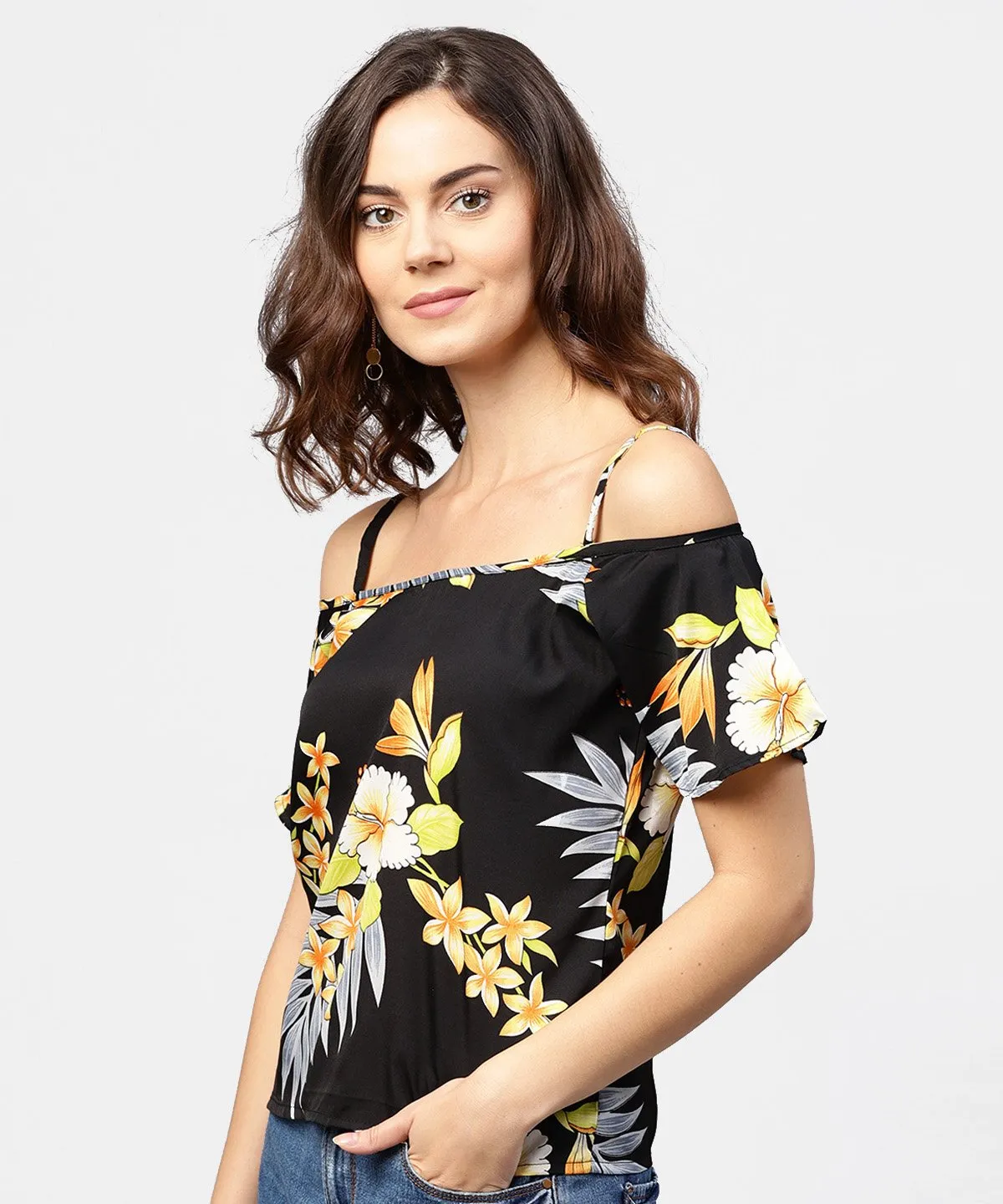 Black Printed Shoulder Straps Cold Shoulder Half Sleeve Top