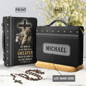 Christianart Bible Cover - He Who Is In You Is Greater Than He Who Is In The World 1 John 4:4 - Personalized Bible Cover - Bible Cover For Men - CABBBCV20070324.