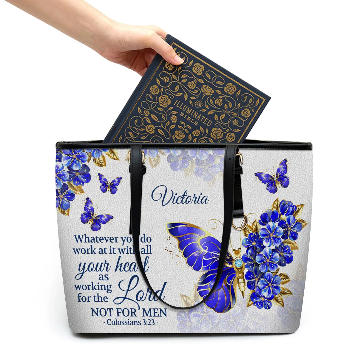 Colossians 323 Whatever You Do Work Butterfly & Flower Personalized Large Leather Tote Bag - Christian Gifts For Women