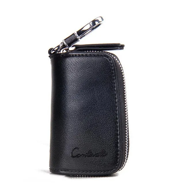 CONTACT'S Classic New Double Zip Men's Genuine Cow Leather Car Key Holder Multifunction Housekeeper  High Class Motor Key Case