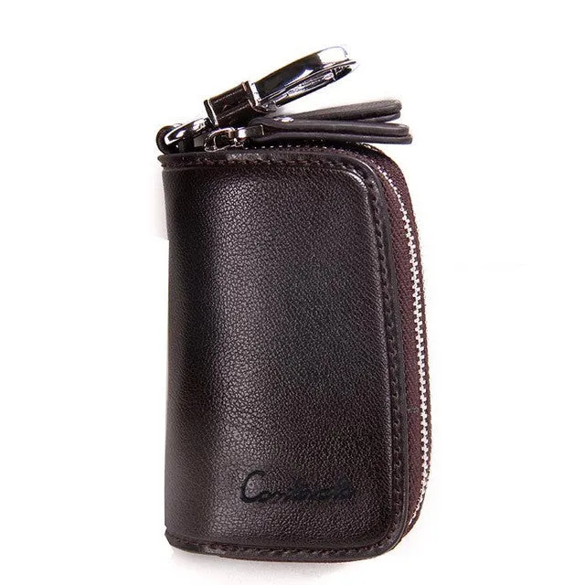 CONTACT'S Classic New Double Zip Men's Genuine Cow Leather Car Key Holder Multifunction Housekeeper  High Class Motor Key Case