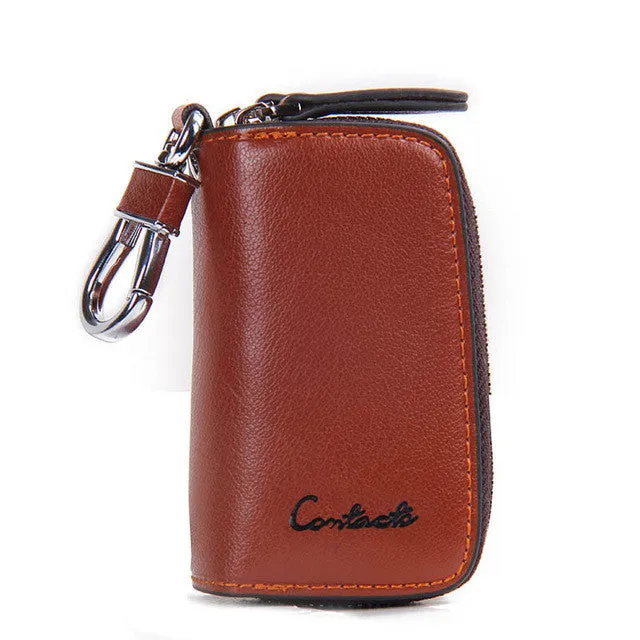 CONTACT'S Classic New Double Zip Men's Genuine Cow Leather Car Key Holder Multifunction Housekeeper  High Class Motor Key Case