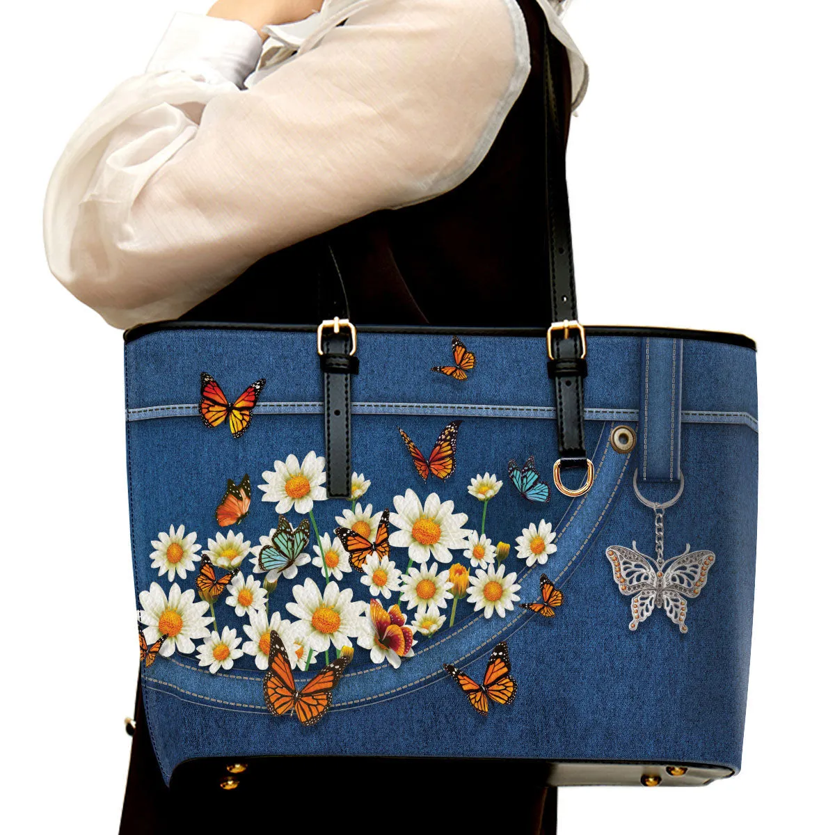 Daisy and Butterfly Large Leather Tote Bag - Christ Gifts For Religious Women - Best Mother's Day Gifts