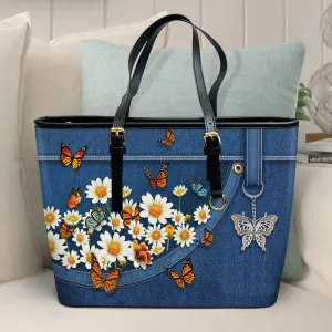 Daisy and Butterfly Large Leather Tote Bag - Christ Gifts For Religious Women - Best Mother's Day Gifts