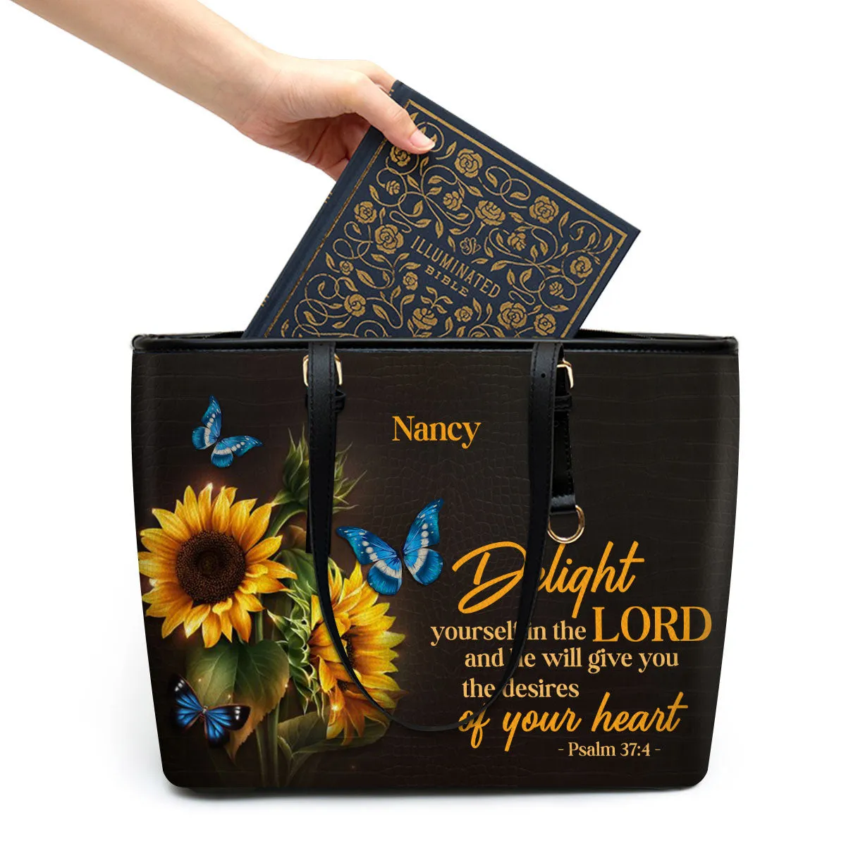 Delight Yourself In The Lord Personalized Large Leather Tote Bag - Christian Gifts For Women