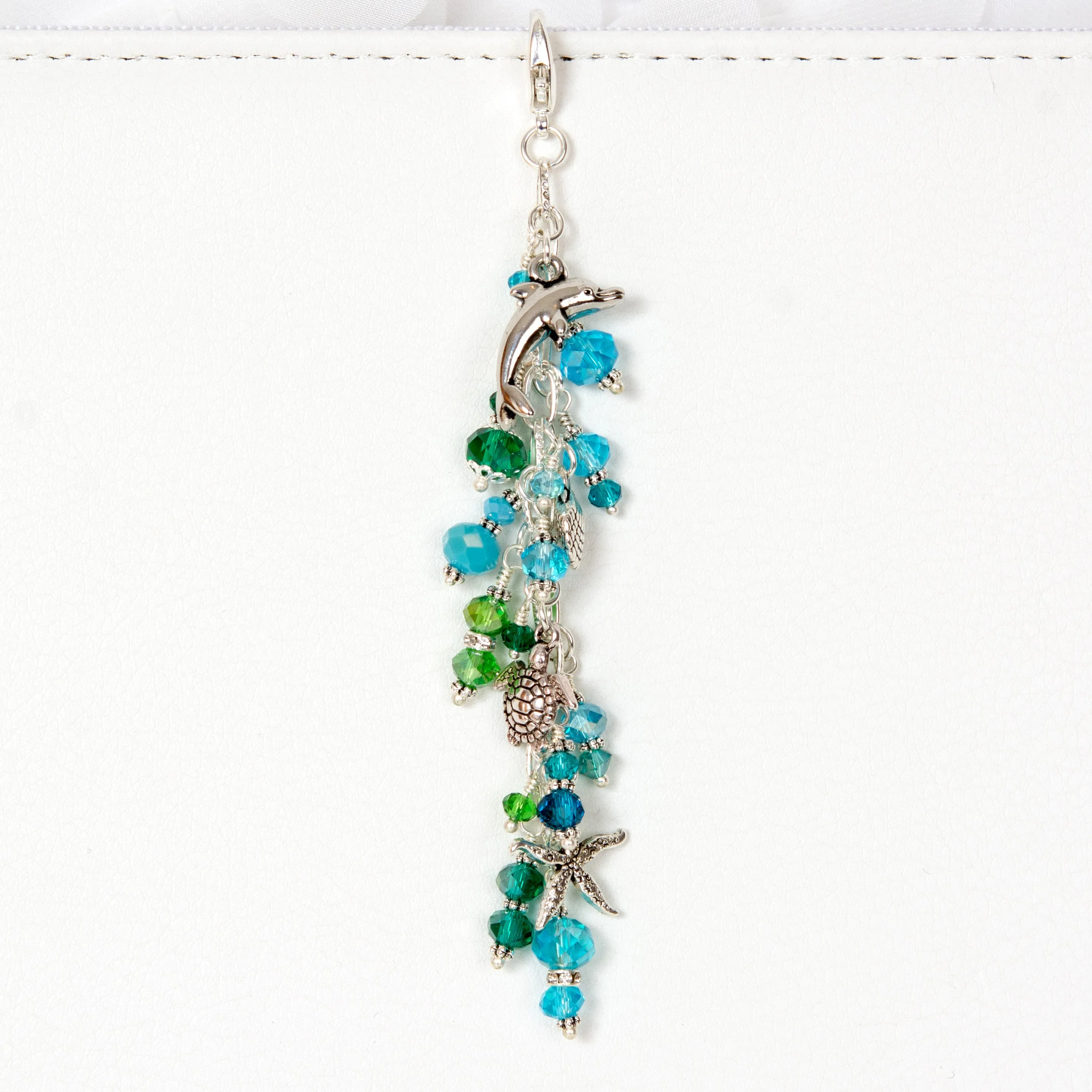 Dolphin Planner Charm with Blue & Green Crystals and Sea Turtle, Clam Shell & Starfish Charms