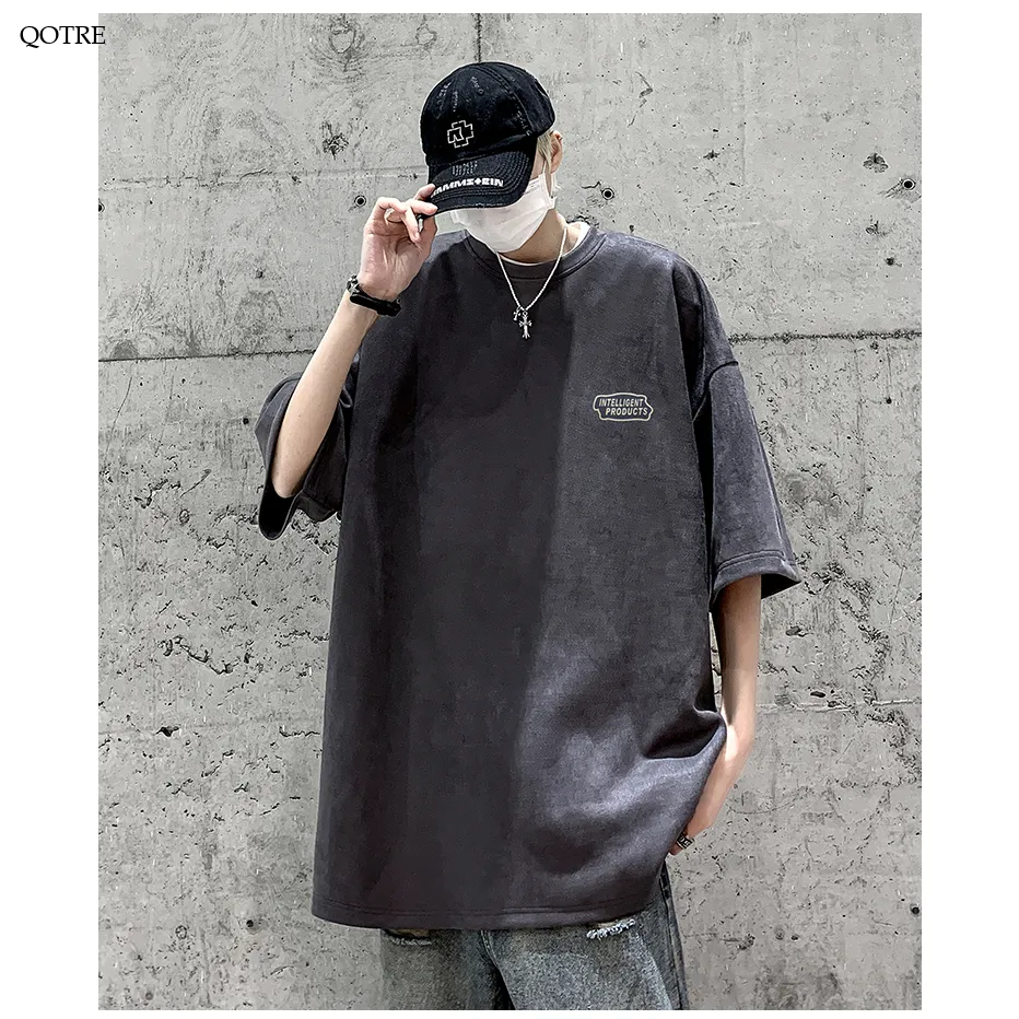 Drop Shoulder Loose Fit Suede Elasticity Print Round Neck Short Sleeve Tee