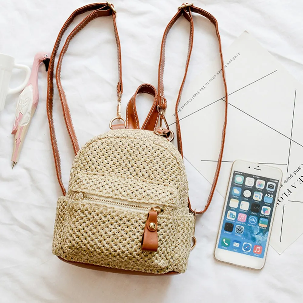 Fashionable Bohemian Straw Mini Backpack