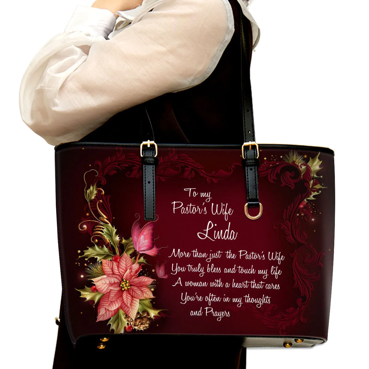 Flower And Butterfly Gift For Pastor's Wife Personalized Large Leather Tote Bag - Christian Gifts For Women