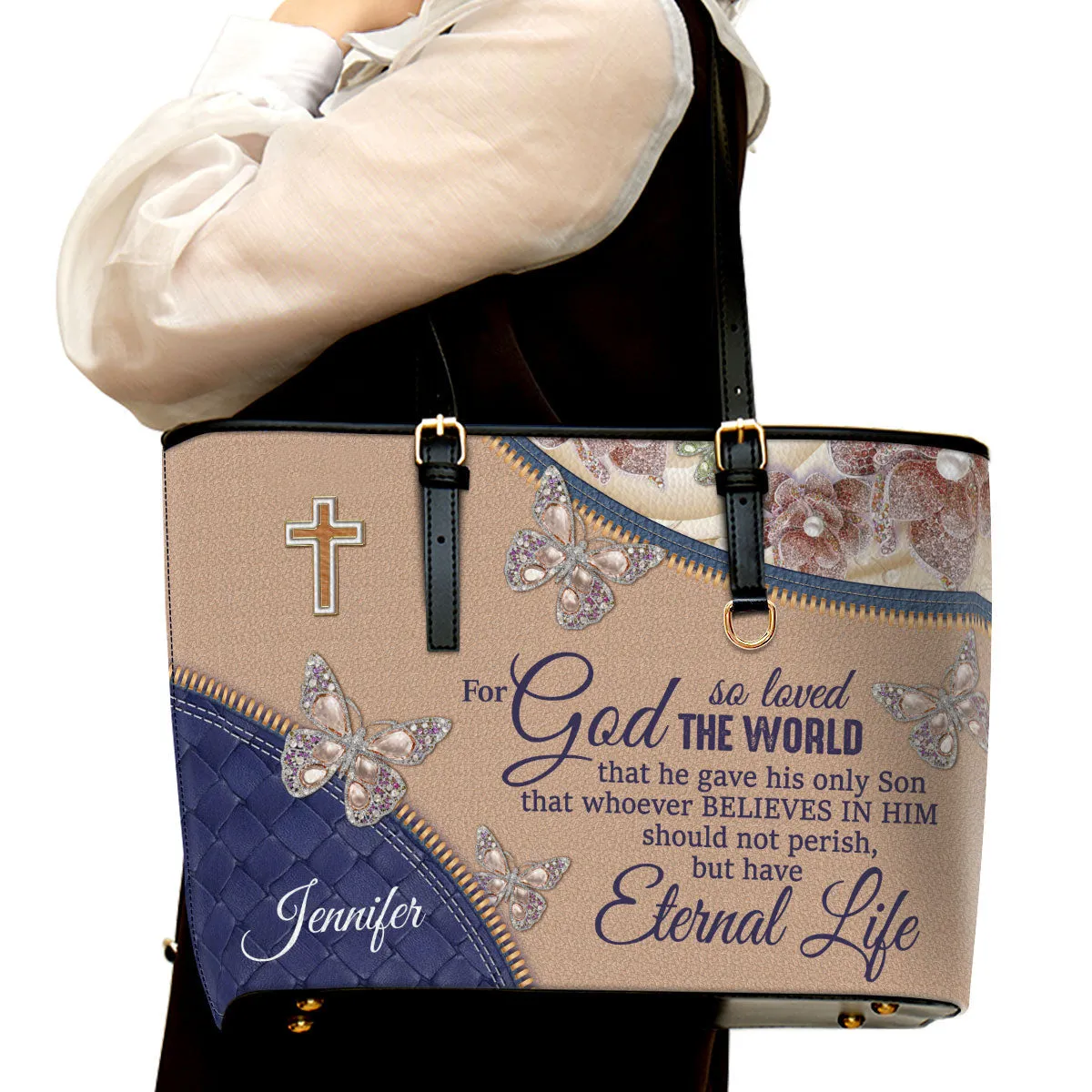 For God So Loved The World Personalized Large Leather Tote Bag - Christian Gifts For Women