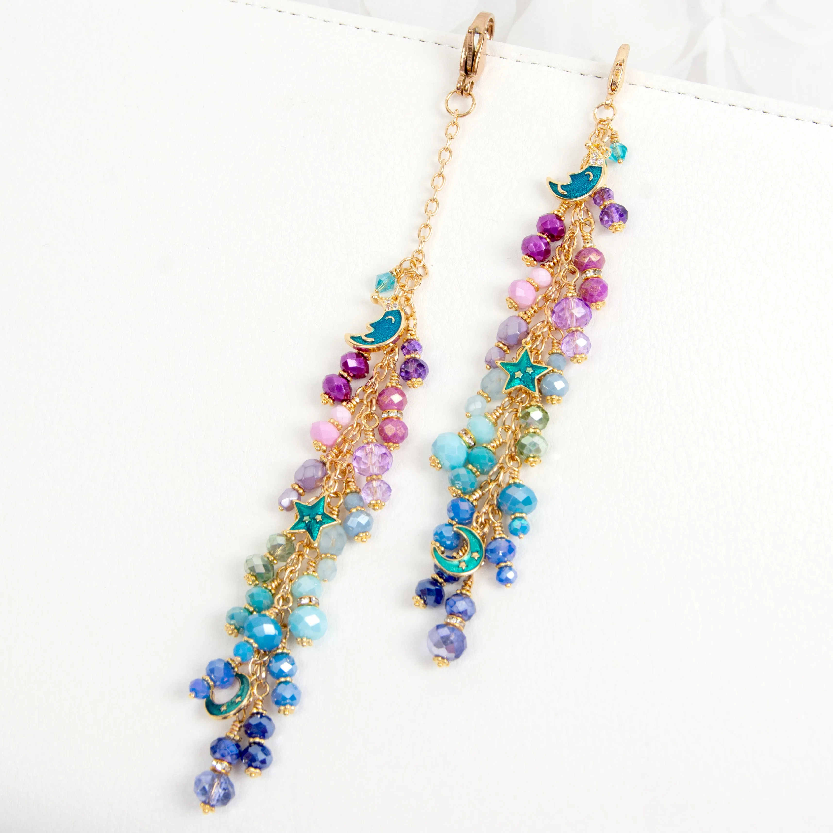 Galaxy Charm with Enamel Moon and Star Charms in Gold with Purple, Aqua and Blue Ombre Dangle