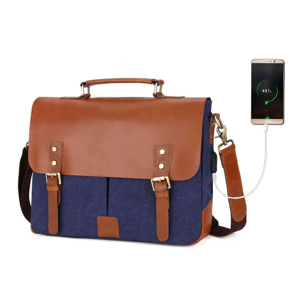 Genuine Leather Briefcase with USB Outlet