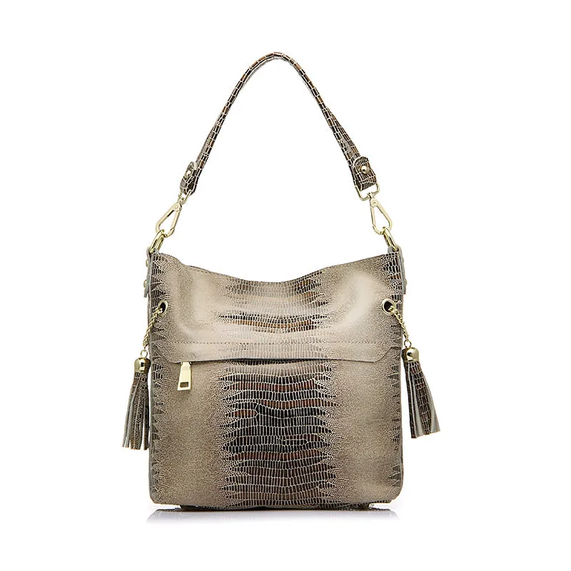 Genuine Leather Crocodile Print Shoulder Bag with Tassel