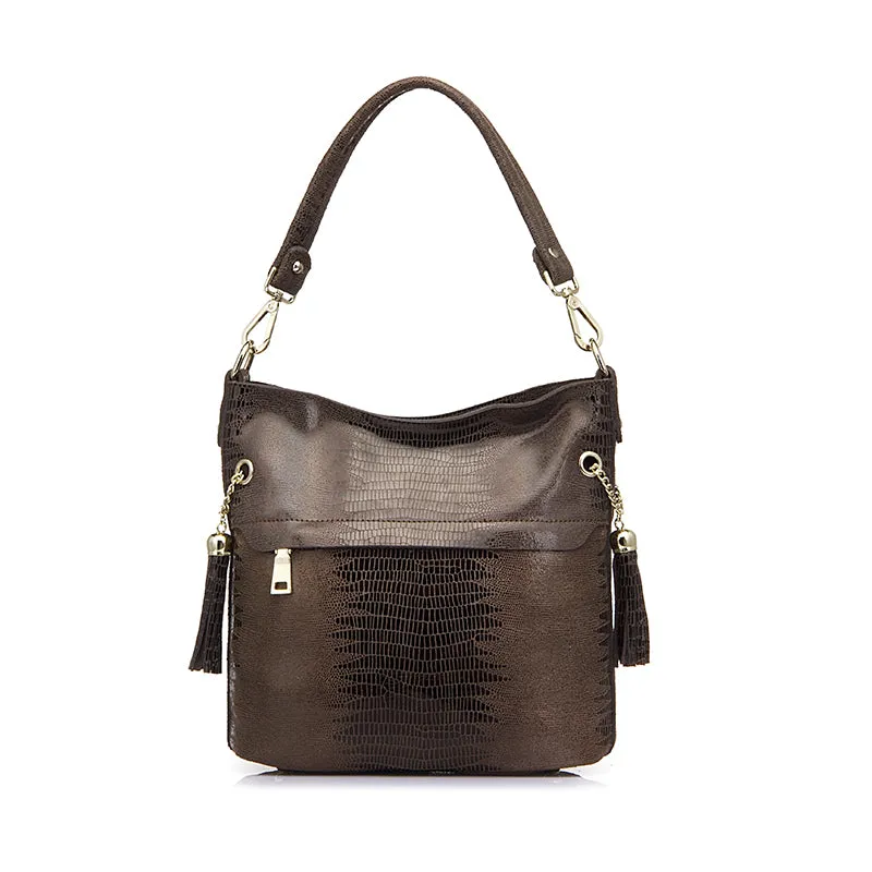 Genuine Leather Crocodile Print Shoulder Bag with Tassel