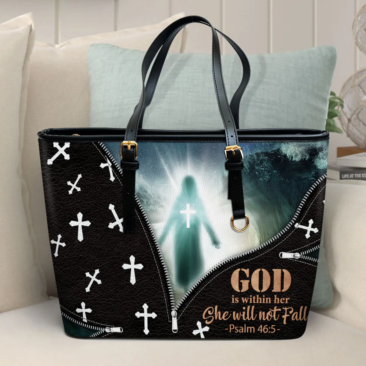 God Is Within Her She Will Not Fall Jesus Large Leather Tote Bag - Christ Gifts For Religious Women - Best Mother's Day Gifts