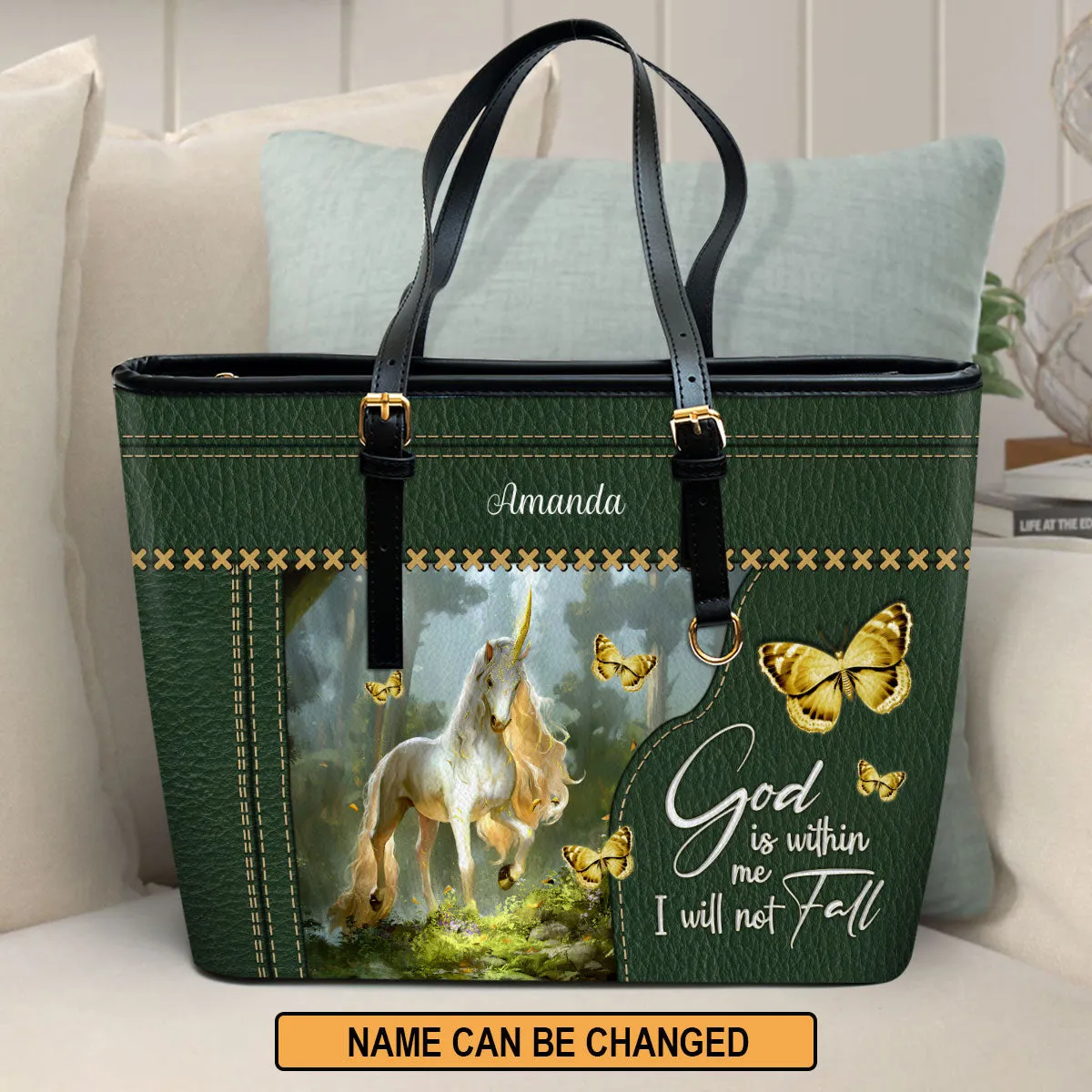 God Is Within Me I Will Not Fall Horse Personalized Unicorn Large Leather Tote Bag - Christian Gifts For Women