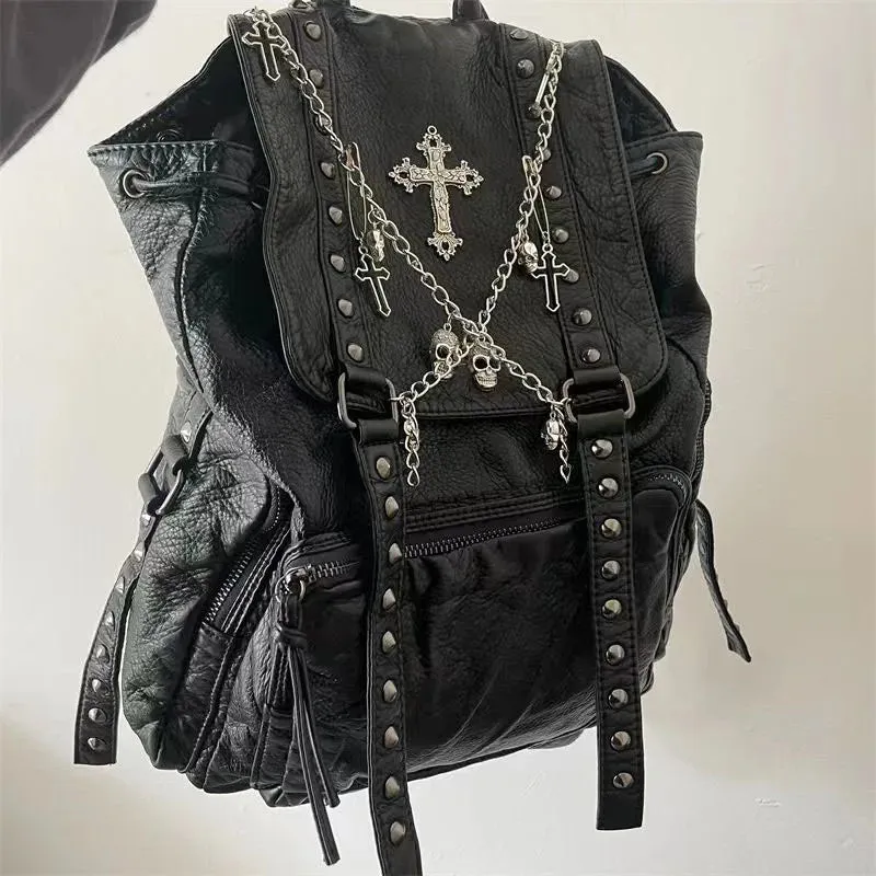 Goth Fashion Women Black Skeleton Backpack Chain Y2k Punk Rivet Bag