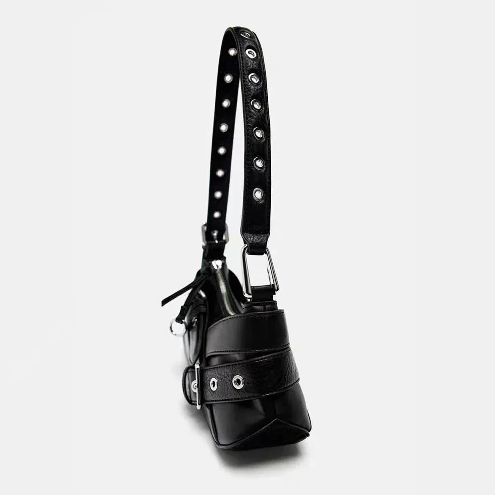 Goth Women Leather Rivet Black Skeleton Chain School Fashion Punk PU Y2K Backpack Bag