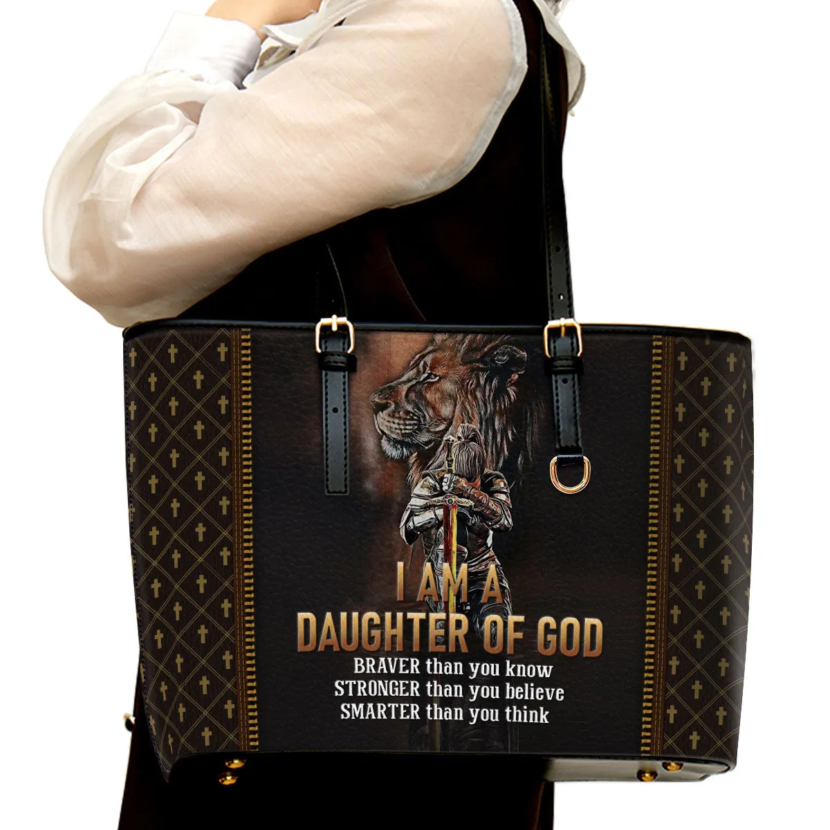 I Am A Daughter Of God Large Leather Tote Bag - Christ Gifts For Religious Women - Best Mother's Day Gifts