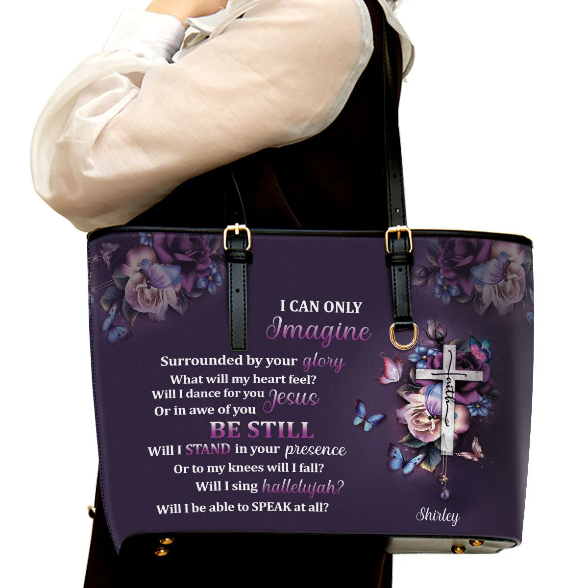 I Can Only Imagine Personalized Cross Large Leather Tote Bag - Christian Inspirational Gifts For Women