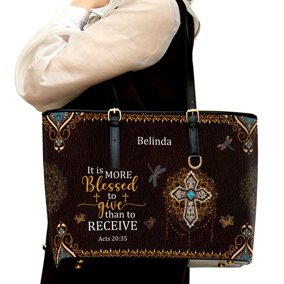 It Is More Blessed To Give Than To Receive Personalized Large Leather Tote Bag - Christian Inspirational Gifts For Women