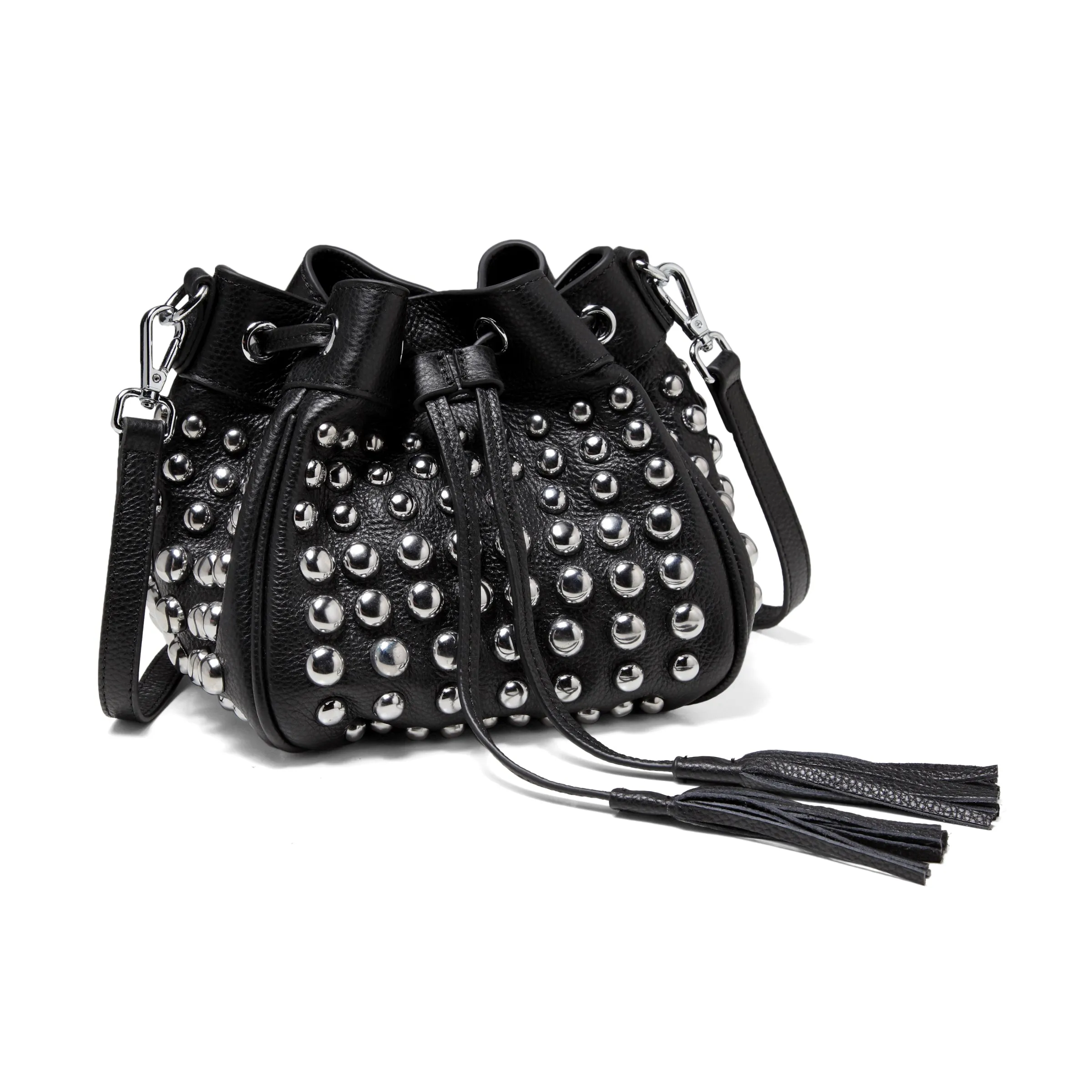 Jolyn Studded Leather Bucket Crossbody  - Black