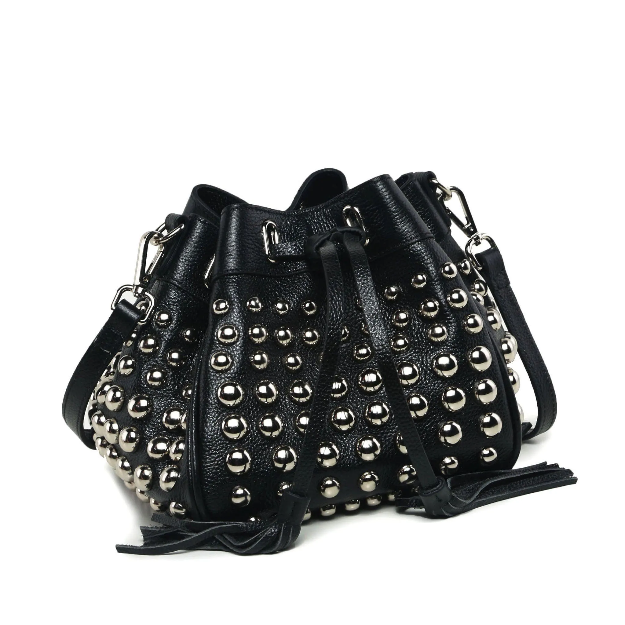 Jolyn Studded Leather Bucket Crossbody  - Black