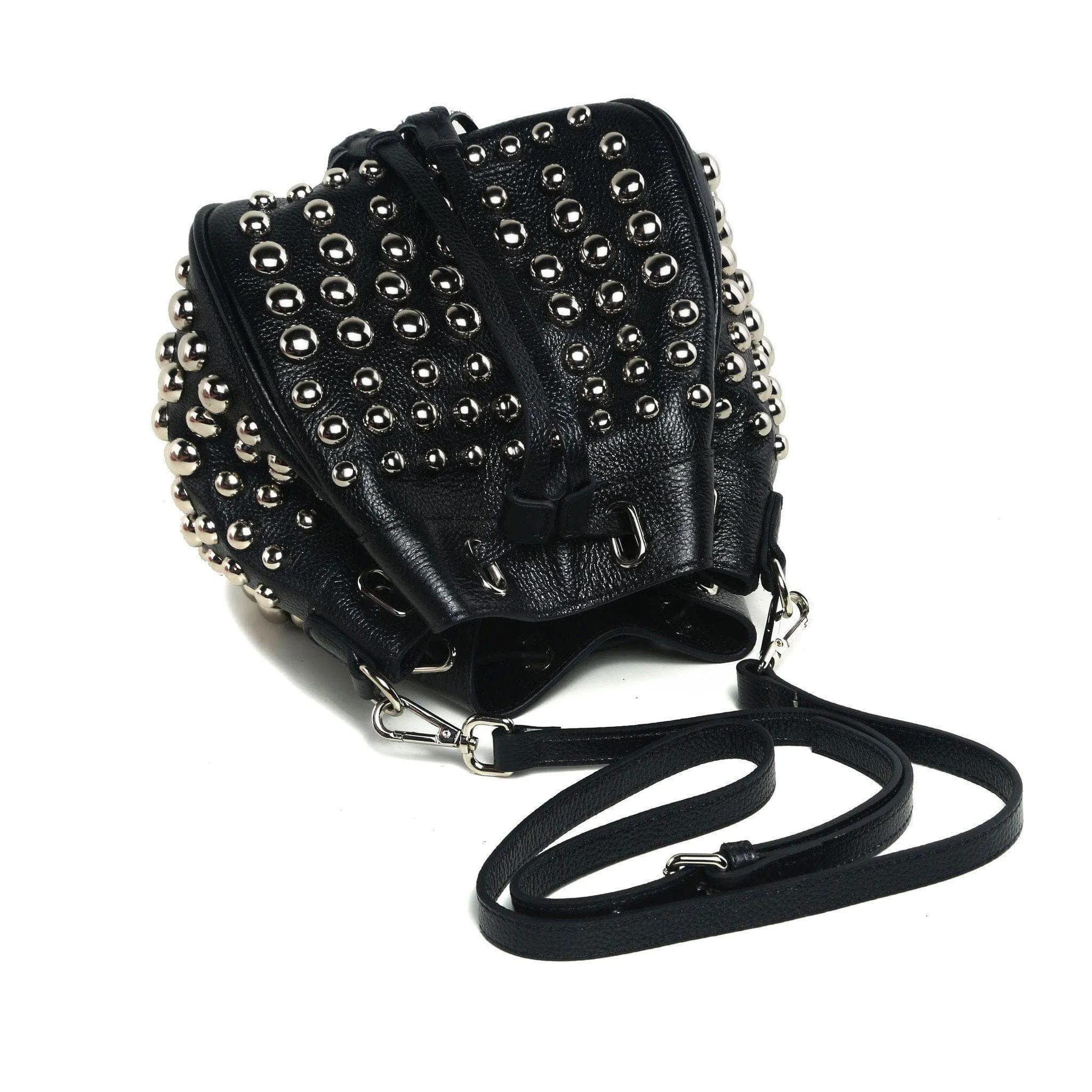 Jolyn Studded Leather Bucket Crossbody  - Black