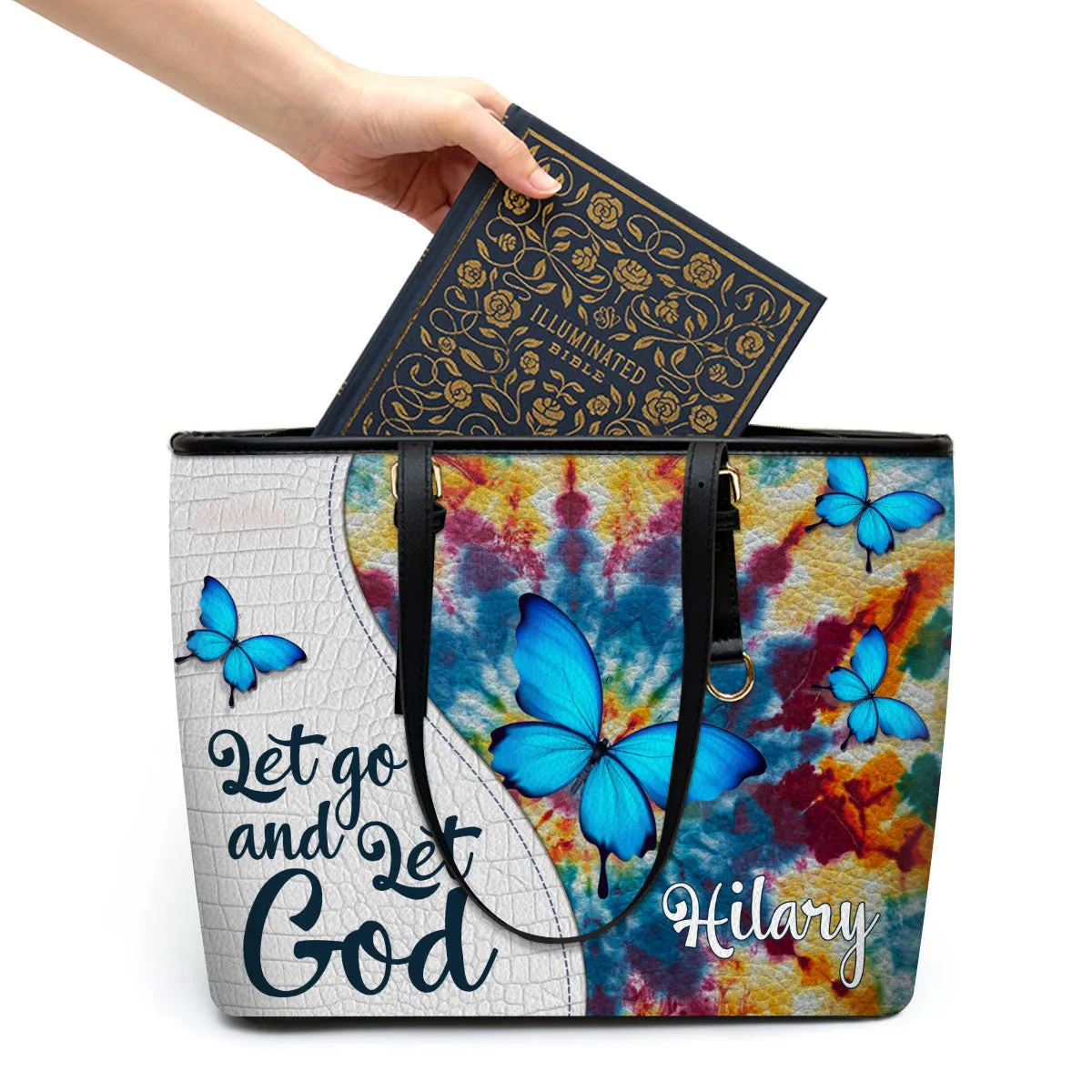 Let Go And Let God Personalized Large Leather Tote Bag - Christian Inspirational Gifts For Women