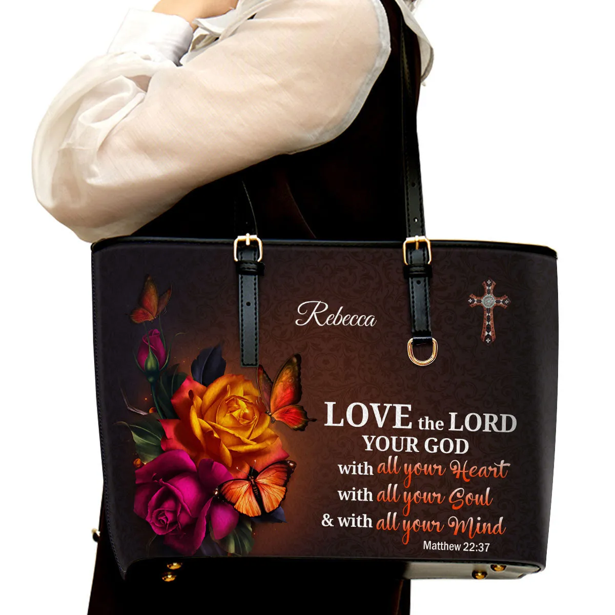 Love The Lord Your God With All Your Heart Personalized Pu Leather Tote Bag For Women - Mom Gifts For Mothers Day