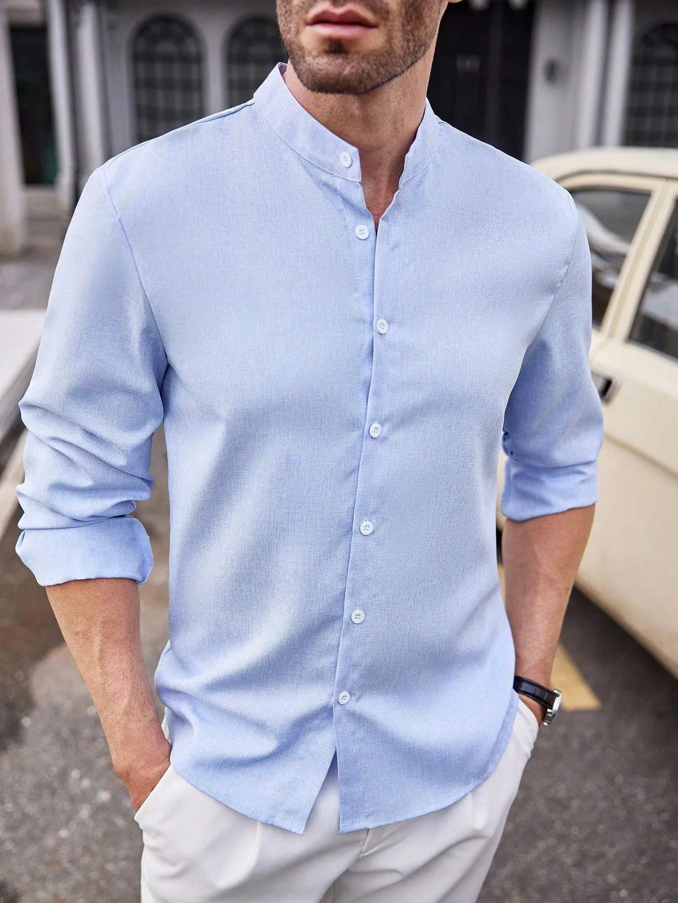 Manfinity Mode Men's Casual Solid Color Long Sleeve Shirt