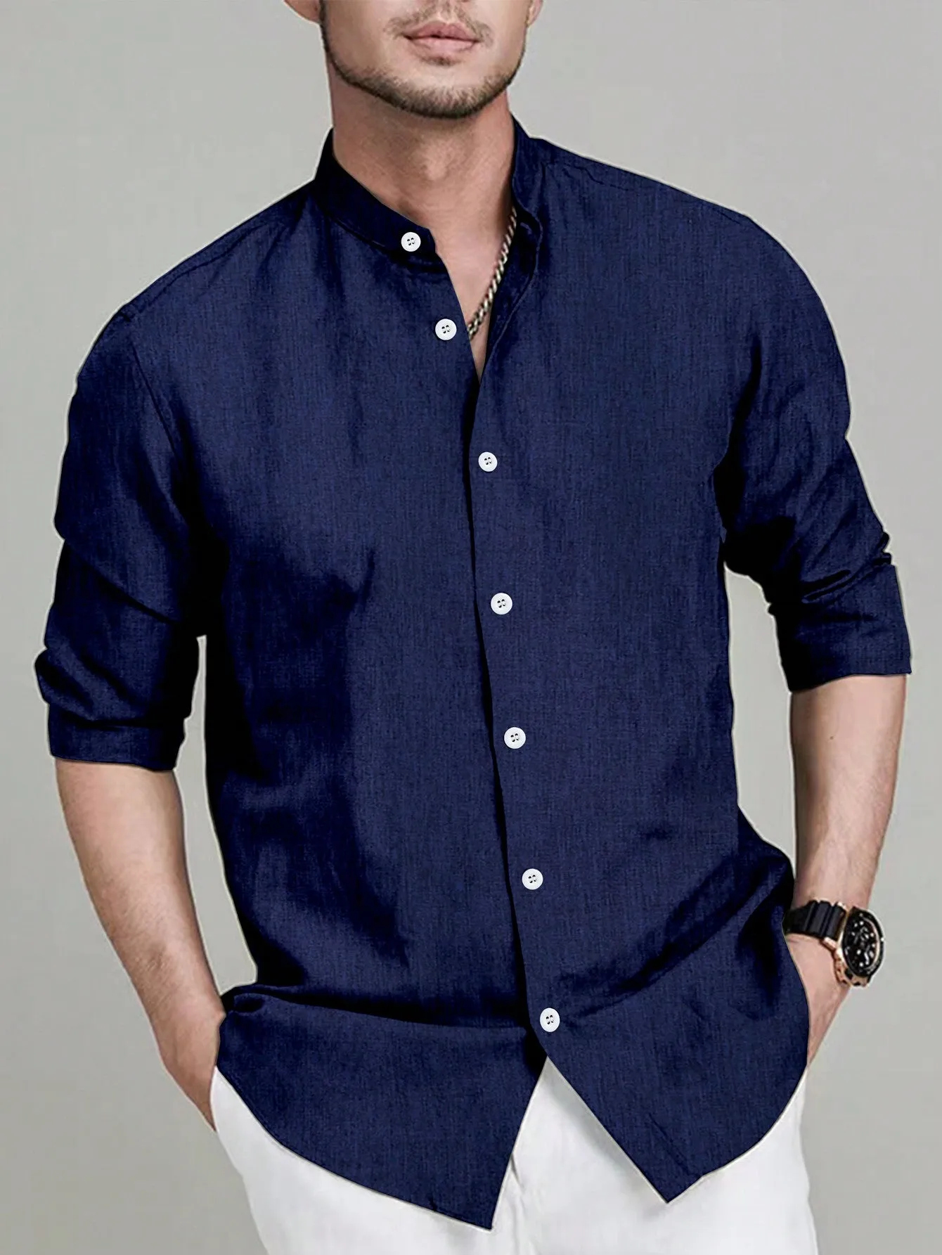 Manfinity Mode Men's Casual Solid Color Long Sleeve Shirt