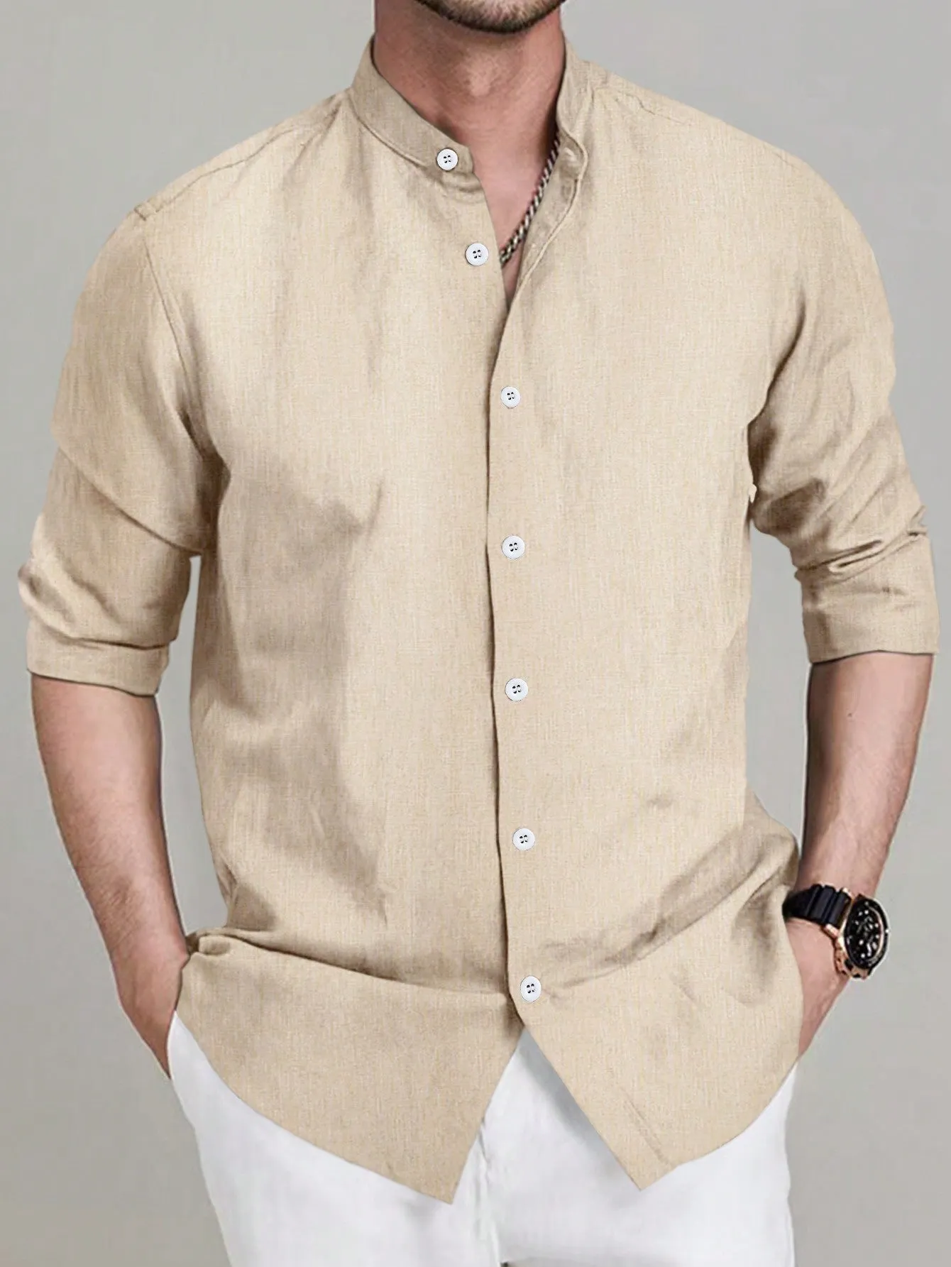 Manfinity Mode Men's Casual Solid Color Long Sleeve Shirt