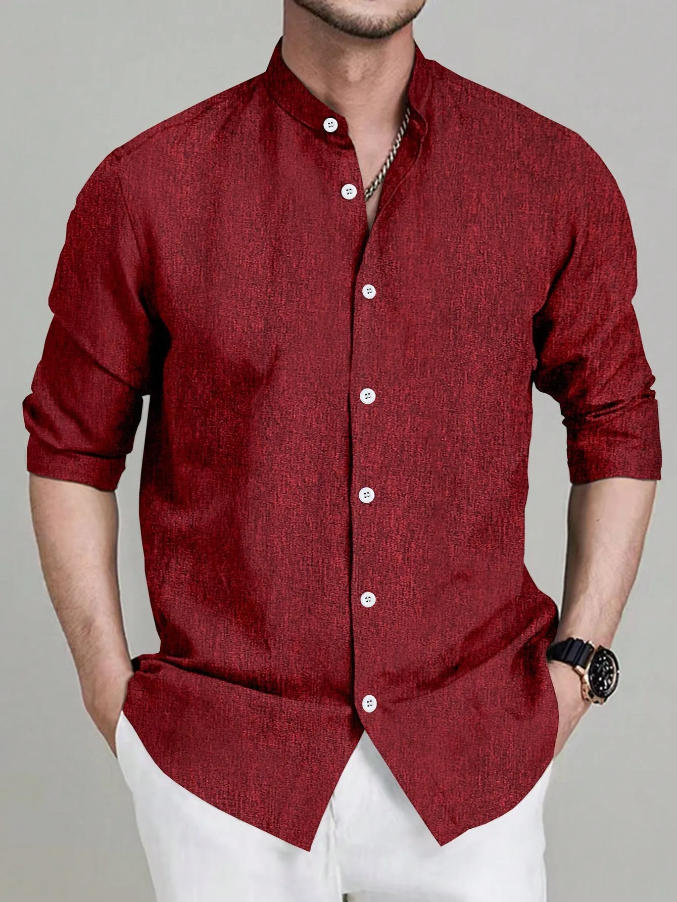 Manfinity Mode Men's Casual Solid Color Long Sleeve Shirt