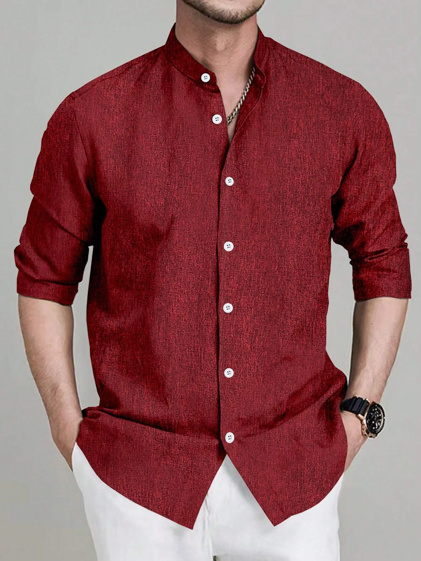 Manfinity Mode Men's Casual Solid Color Long Sleeve Shirt