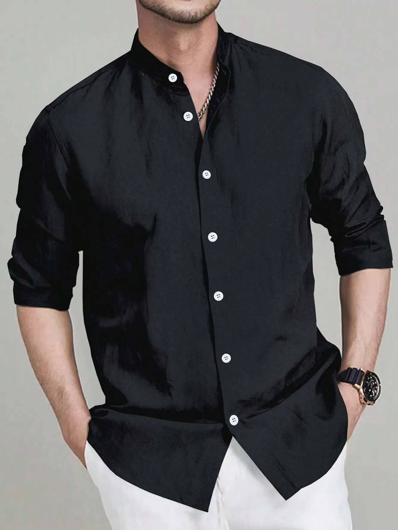 Manfinity Mode Men's Casual Solid Color Long Sleeve Shirt