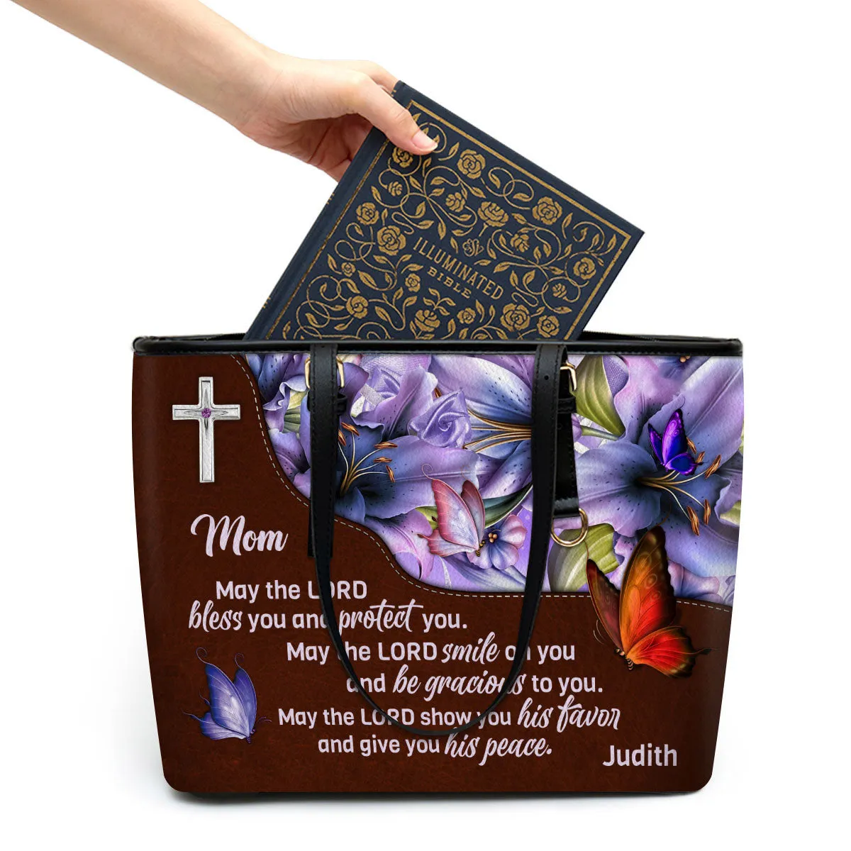 May The Lord Smile On You And Be Gracious To You Personalized Large Leather Tote Bag For Mom - Christian Inspirational Gifts For Women