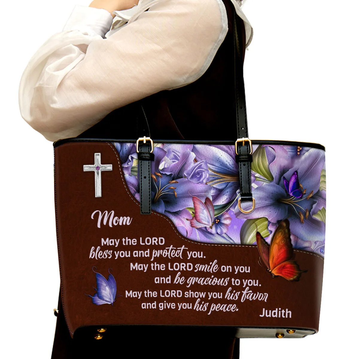 May The Lord Smile On You And Be Gracious To You Personalized Large Leather Tote Bag For Mom - Christian Inspirational Gifts For Women