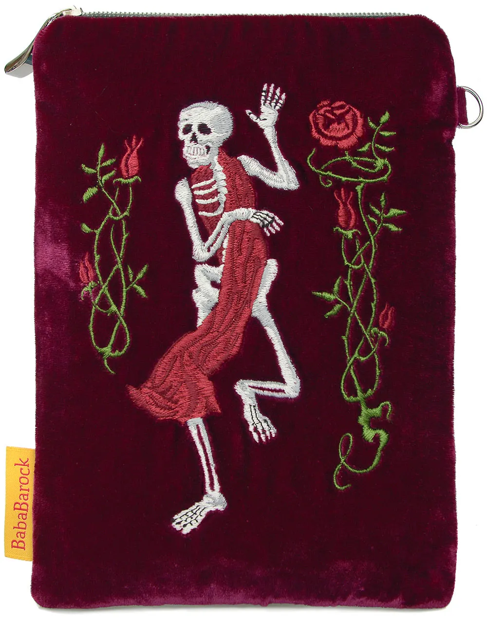 Memento Mori Skeleton - silk velvet embroidered wristlet. Burgundy