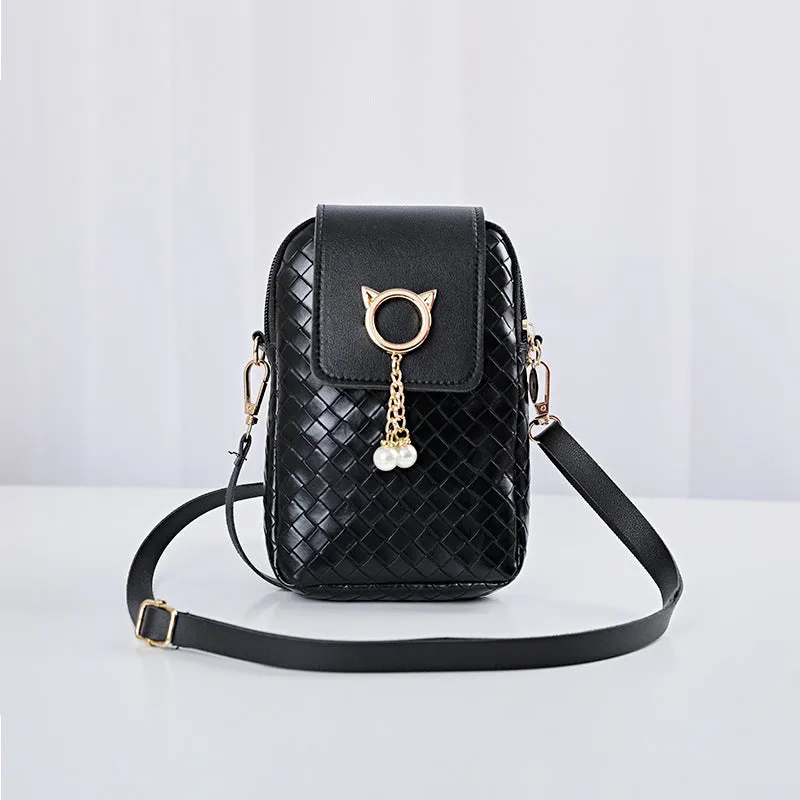 Mobile Phone Bags Women Woven Pearl Tassel Cover Type Crossbody Shoulder Bag